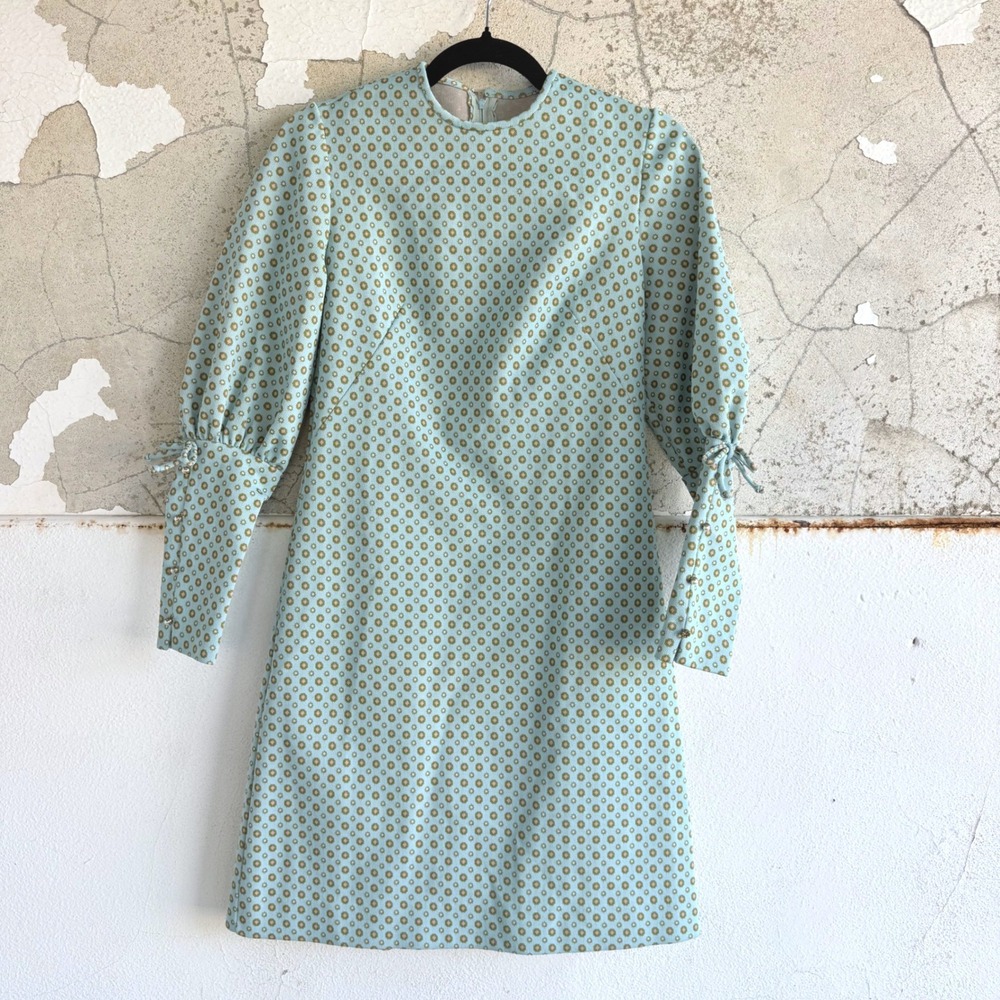 Vintage 60s Mod Mini Dress Puff Sleeve Geometric Print Retro Shift Gay Gibson